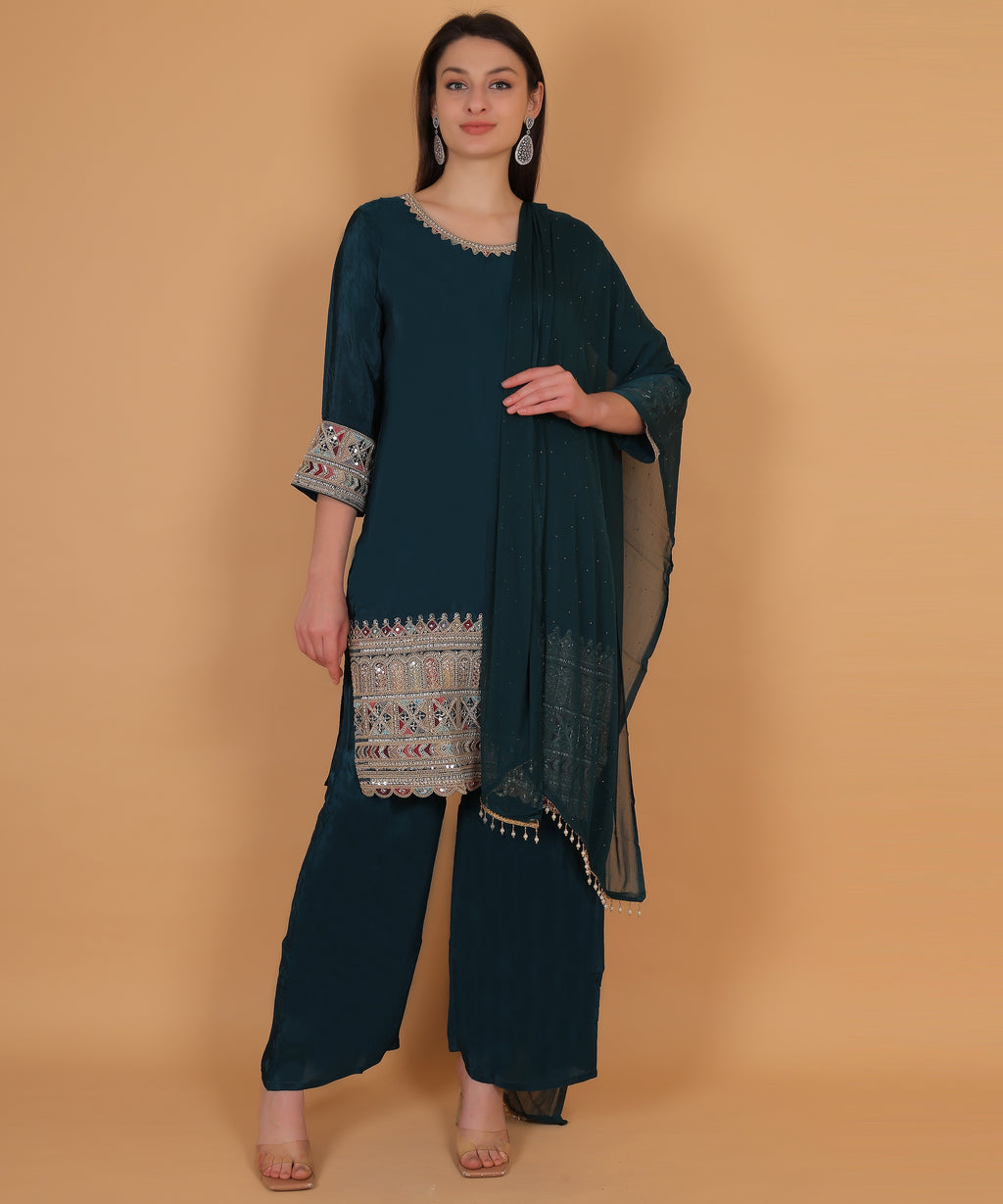 Teal Embroidered Palazzo Suit Set (Test-1)