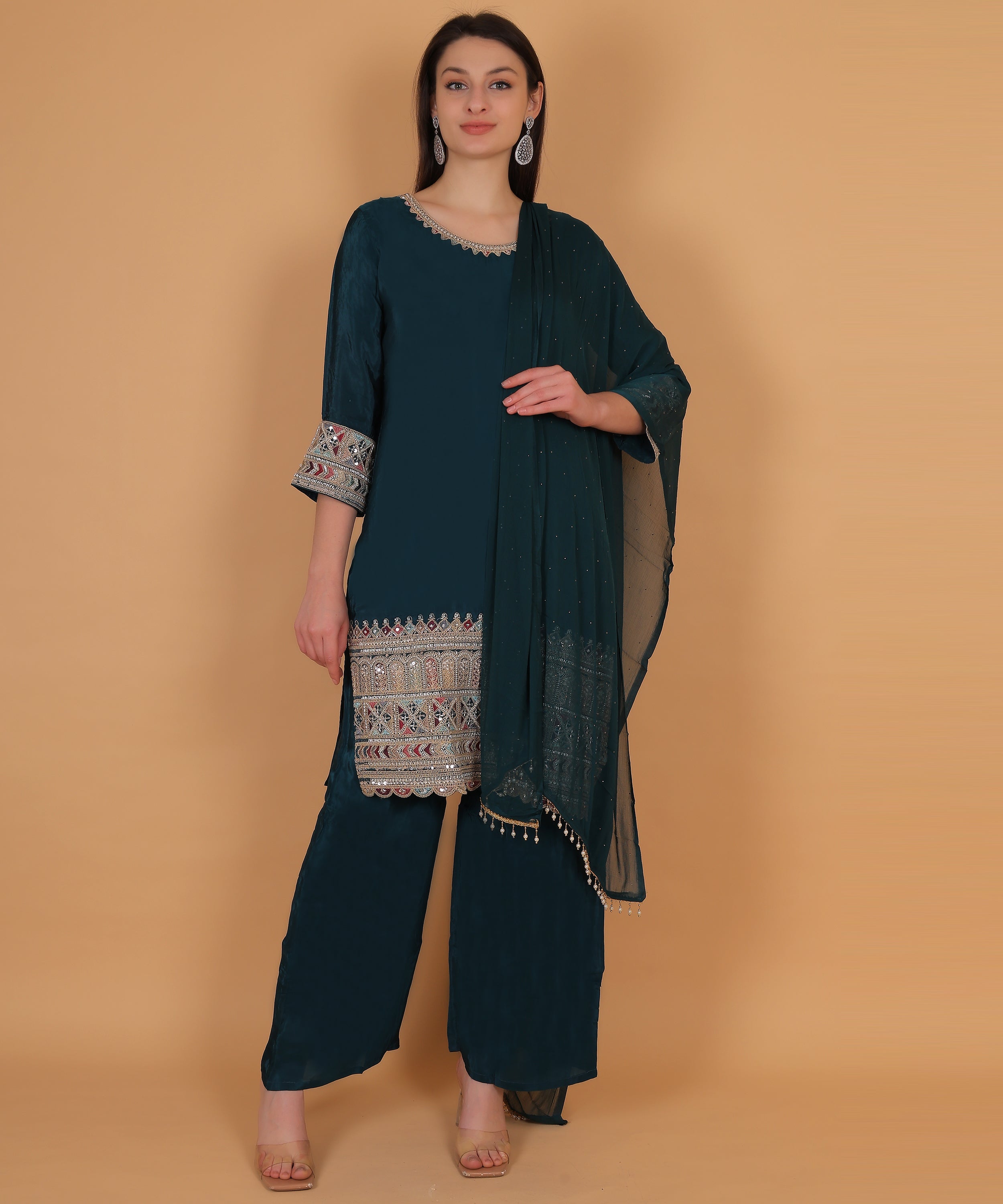 Teal Embroidered Palazzo Suit Set (Test-1)