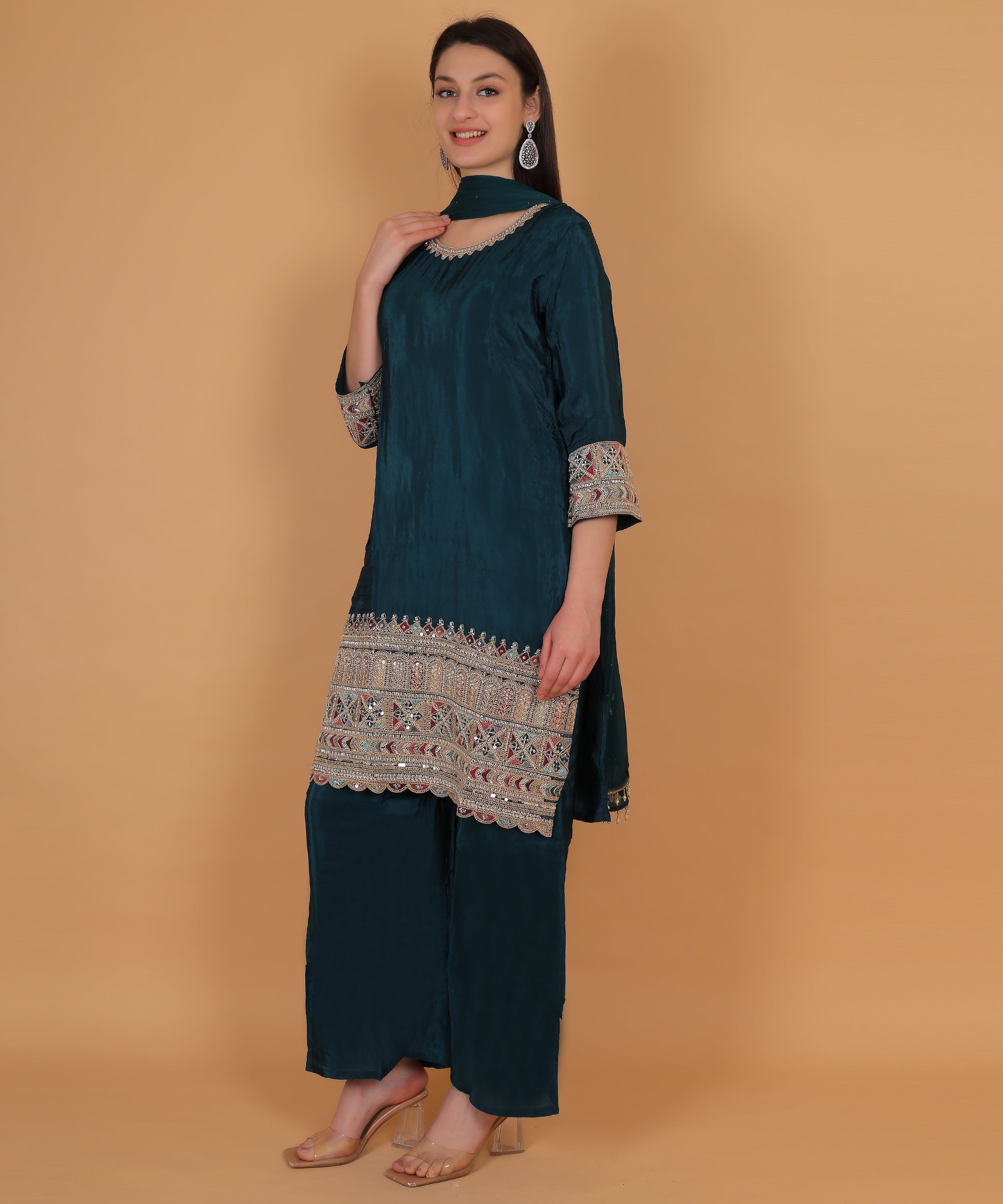 Teal Embroidered Palazzo Suit Set (Test-1)