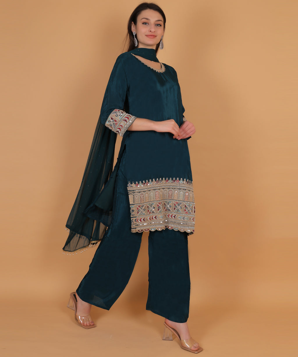 Teal Embroidered Palazzo Suit Set (Test-1)