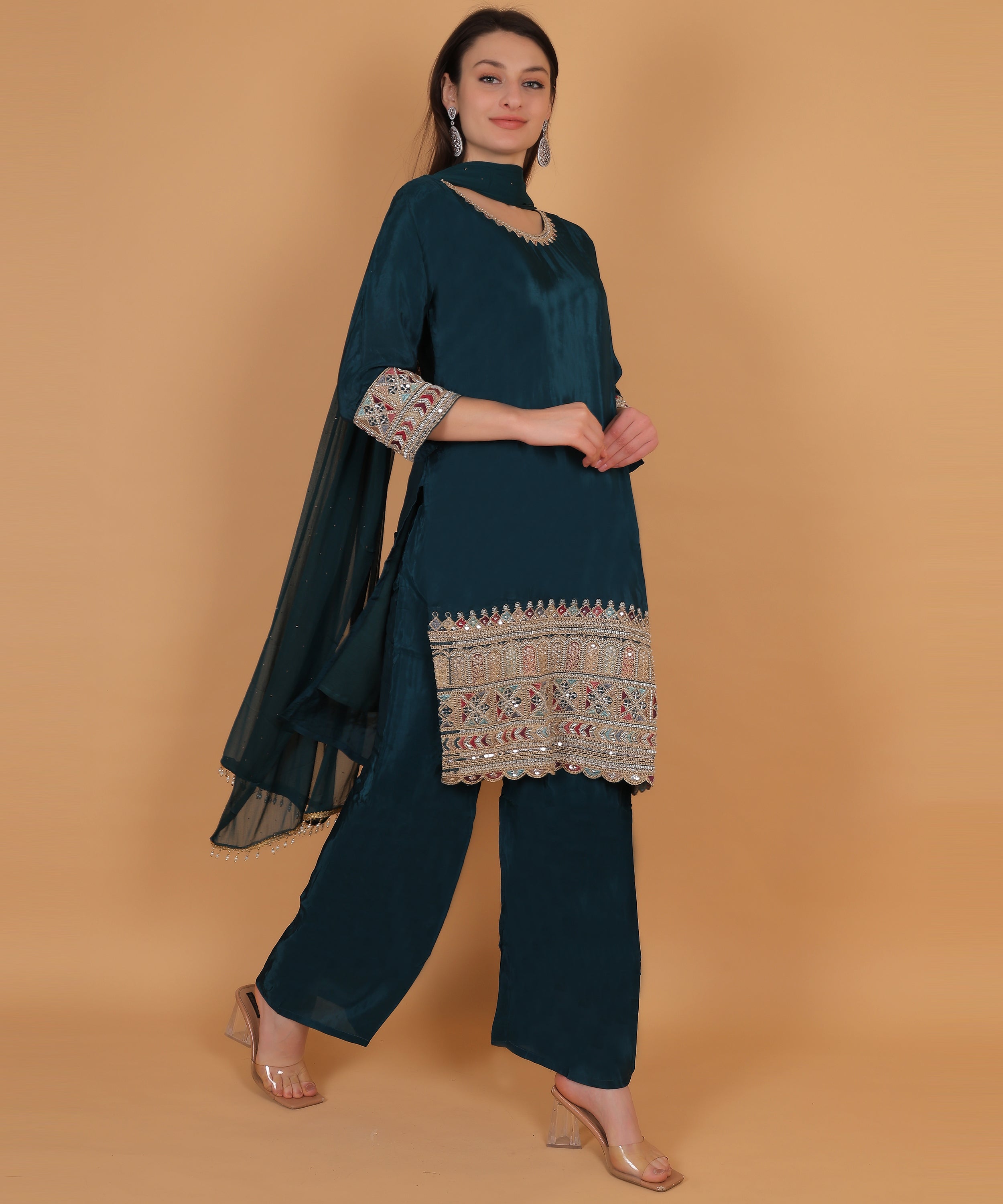 Teal Embroidered Palazzo Suit Set (Test-1)