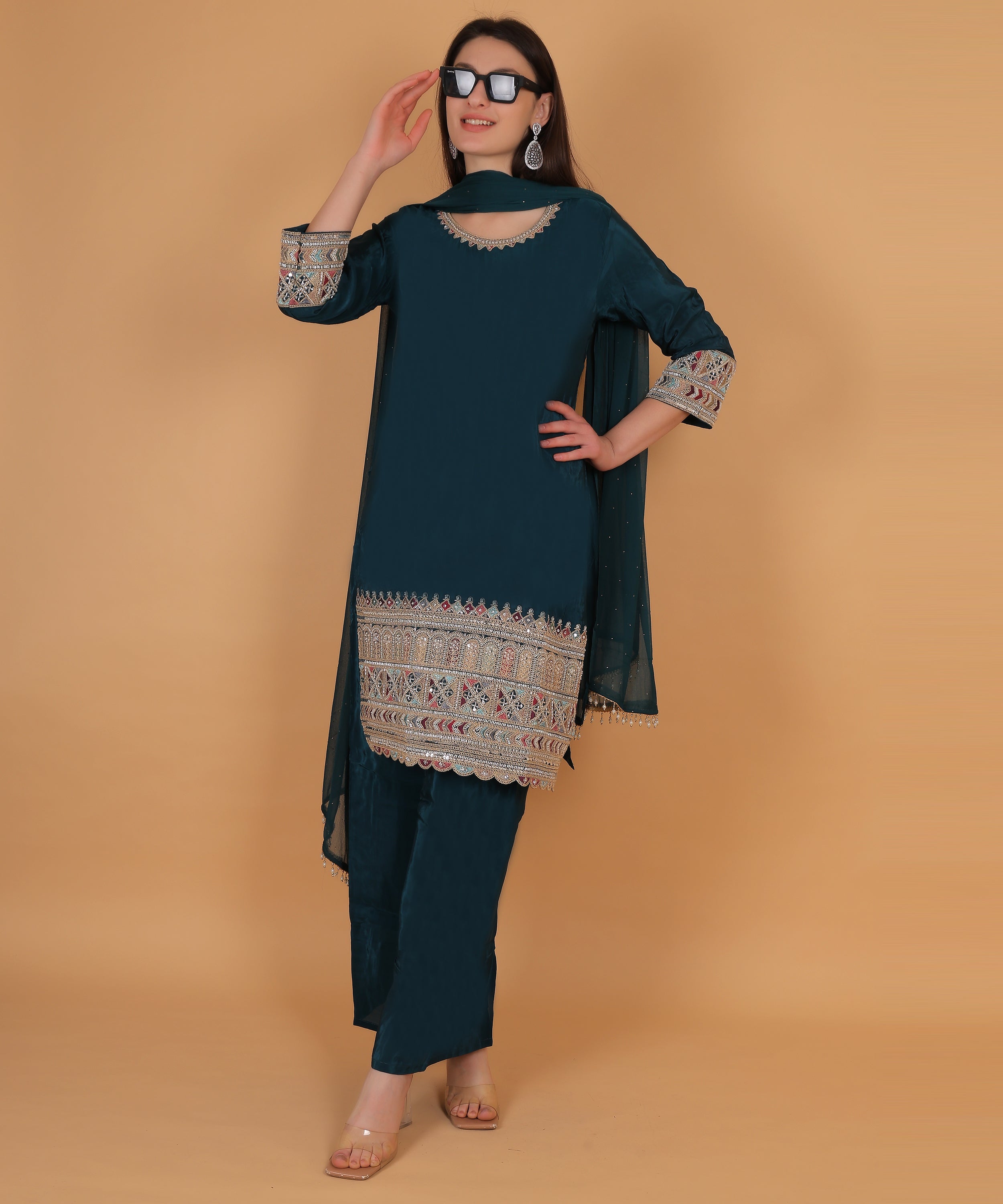 Teal Embroidered Palazzo Suit Set (Test-1)