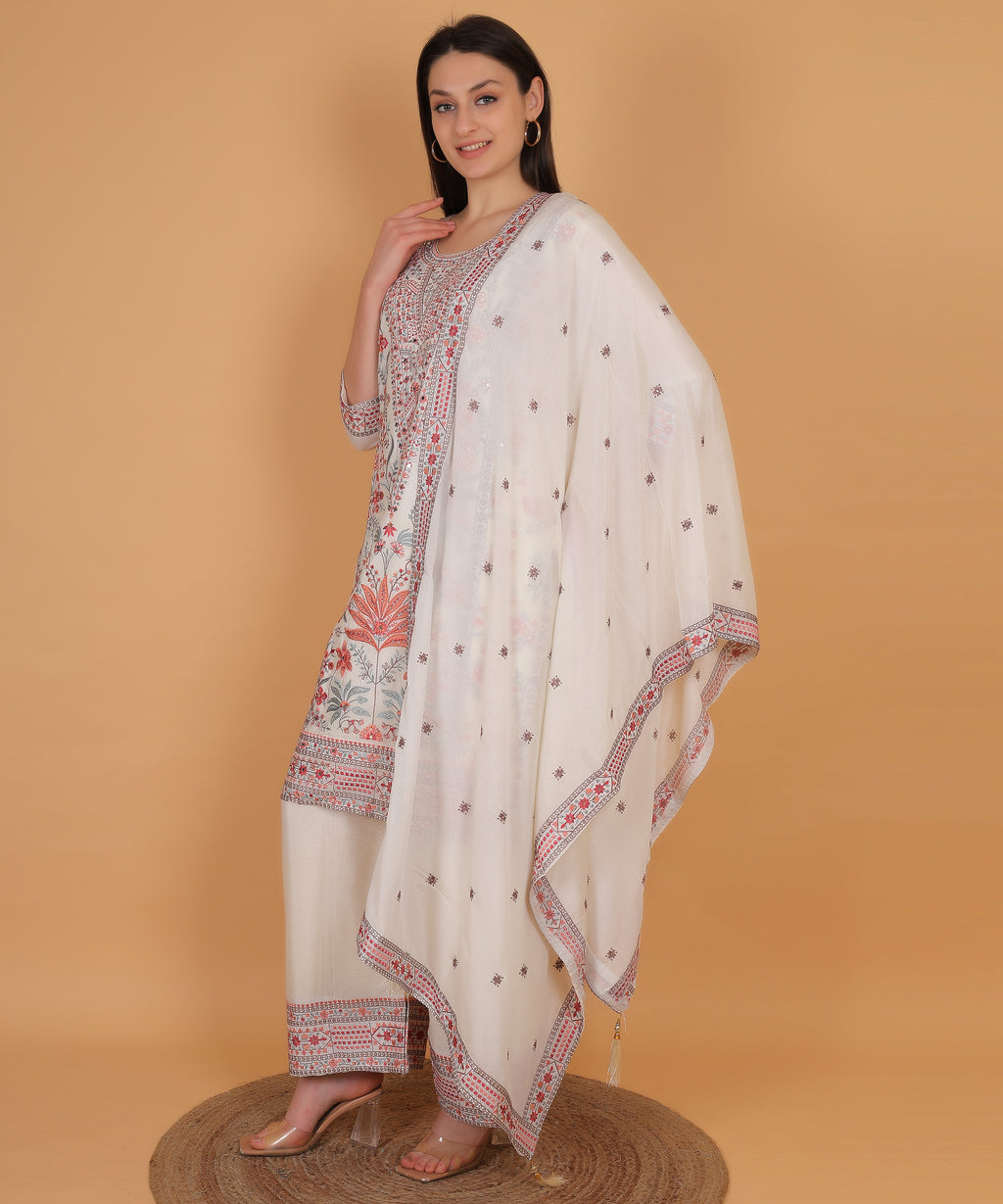 Ivory Floral Printed Suit Set with Dupatta (Test-2)