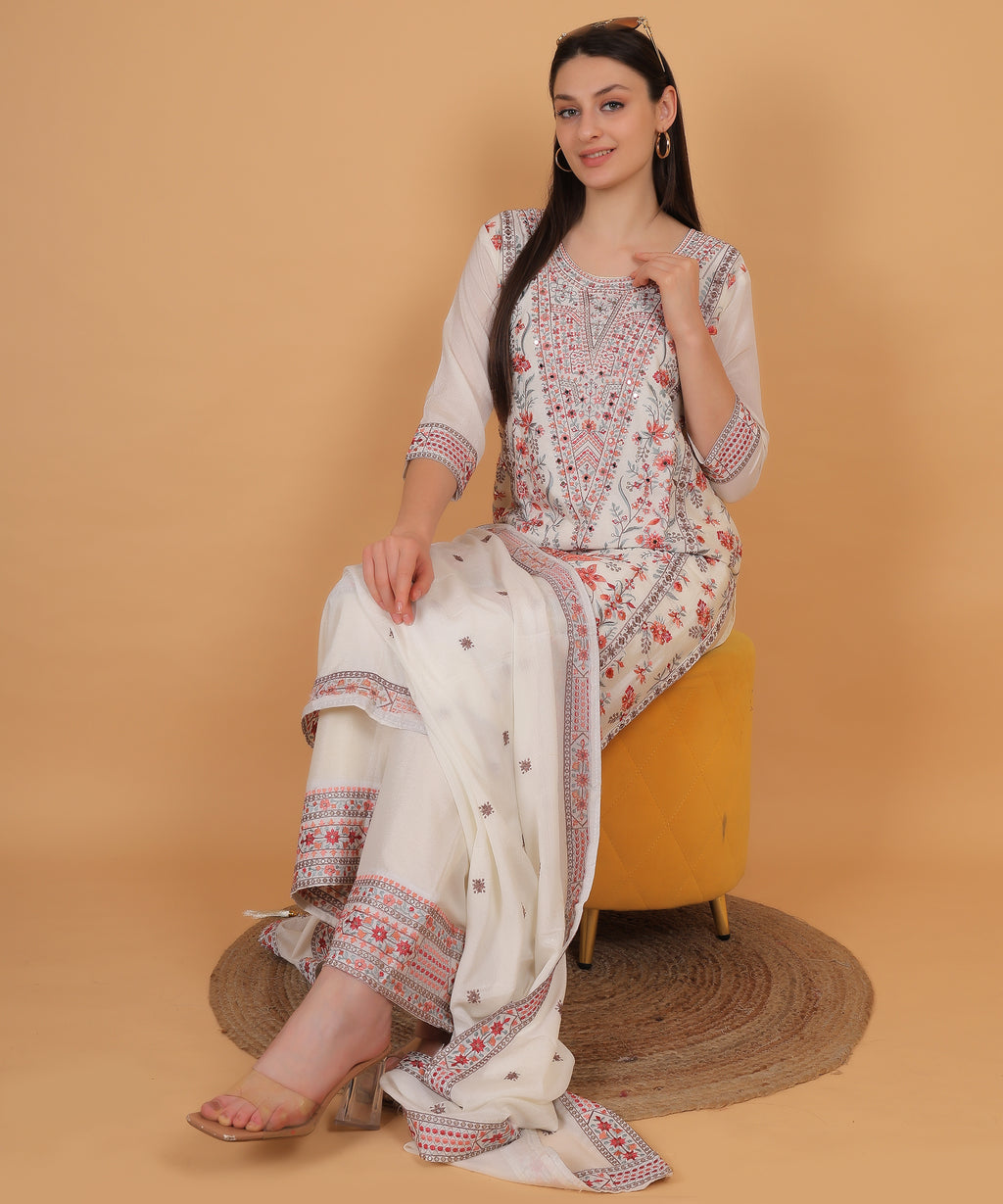 Ivory Floral Printed Suit Set with Dupatta (Test-2)