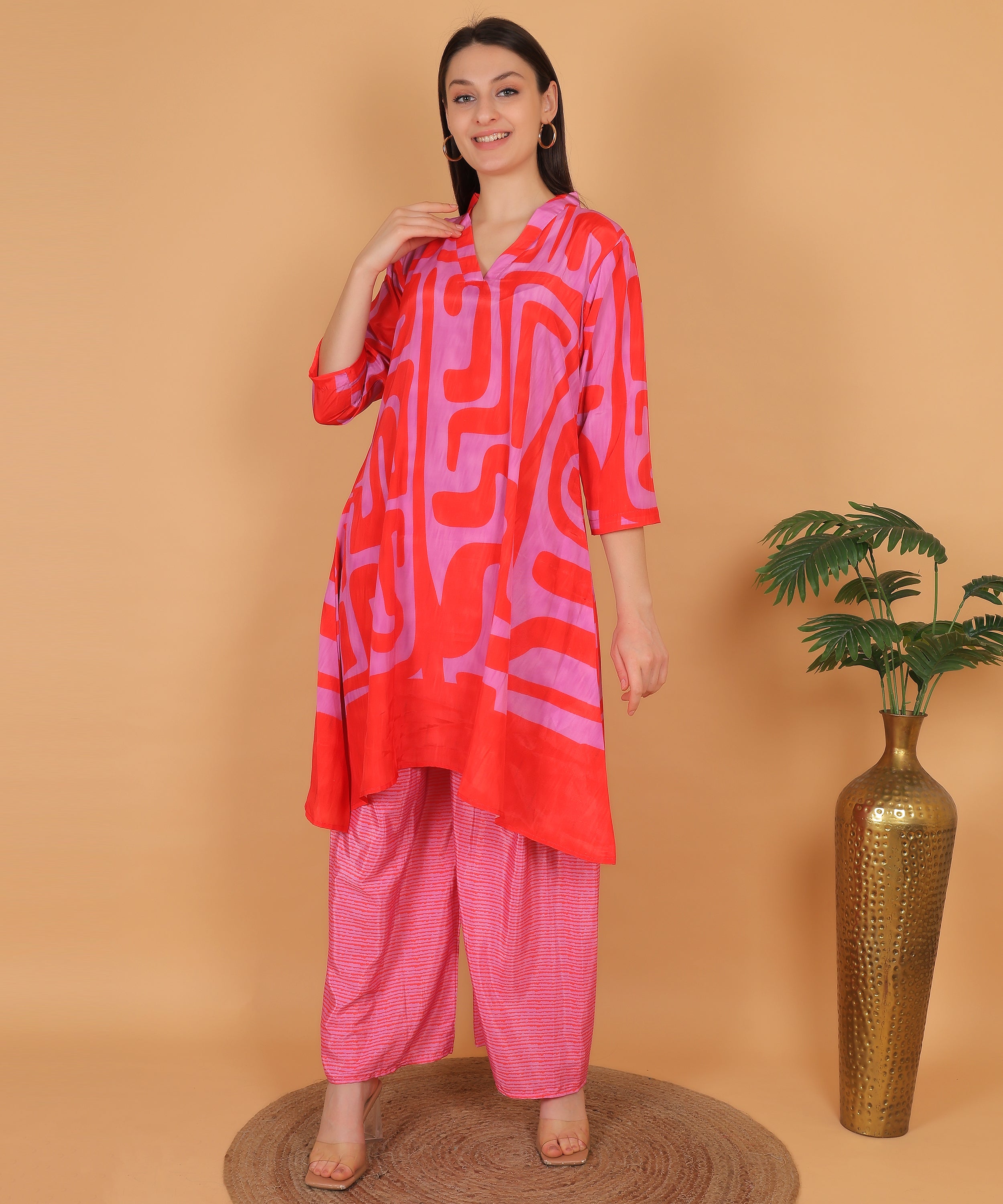 Red Abstract Print Asymmetric Kurta with Dhoti Pants (Test-4)