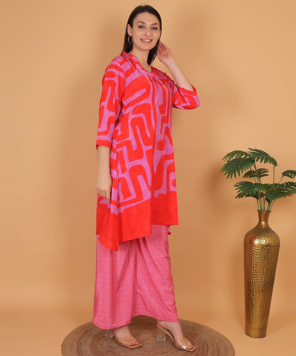 Red Abstract Print Asymmetric Kurta with Dhoti Pants (Test-4)