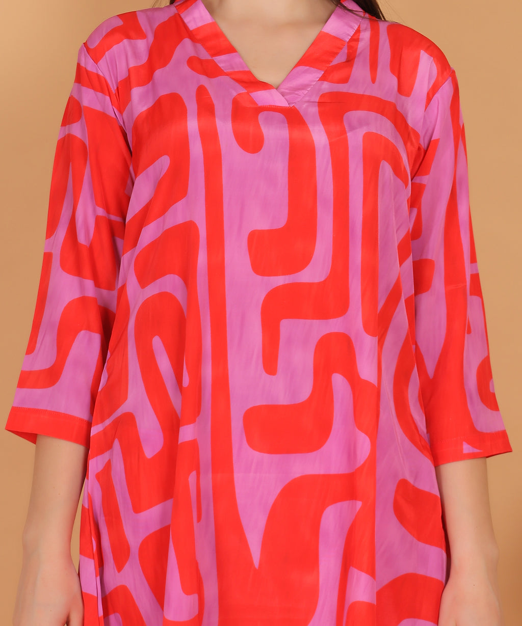 Red Abstract Print Asymmetric Kurta with Dhoti Pants (Test-4)