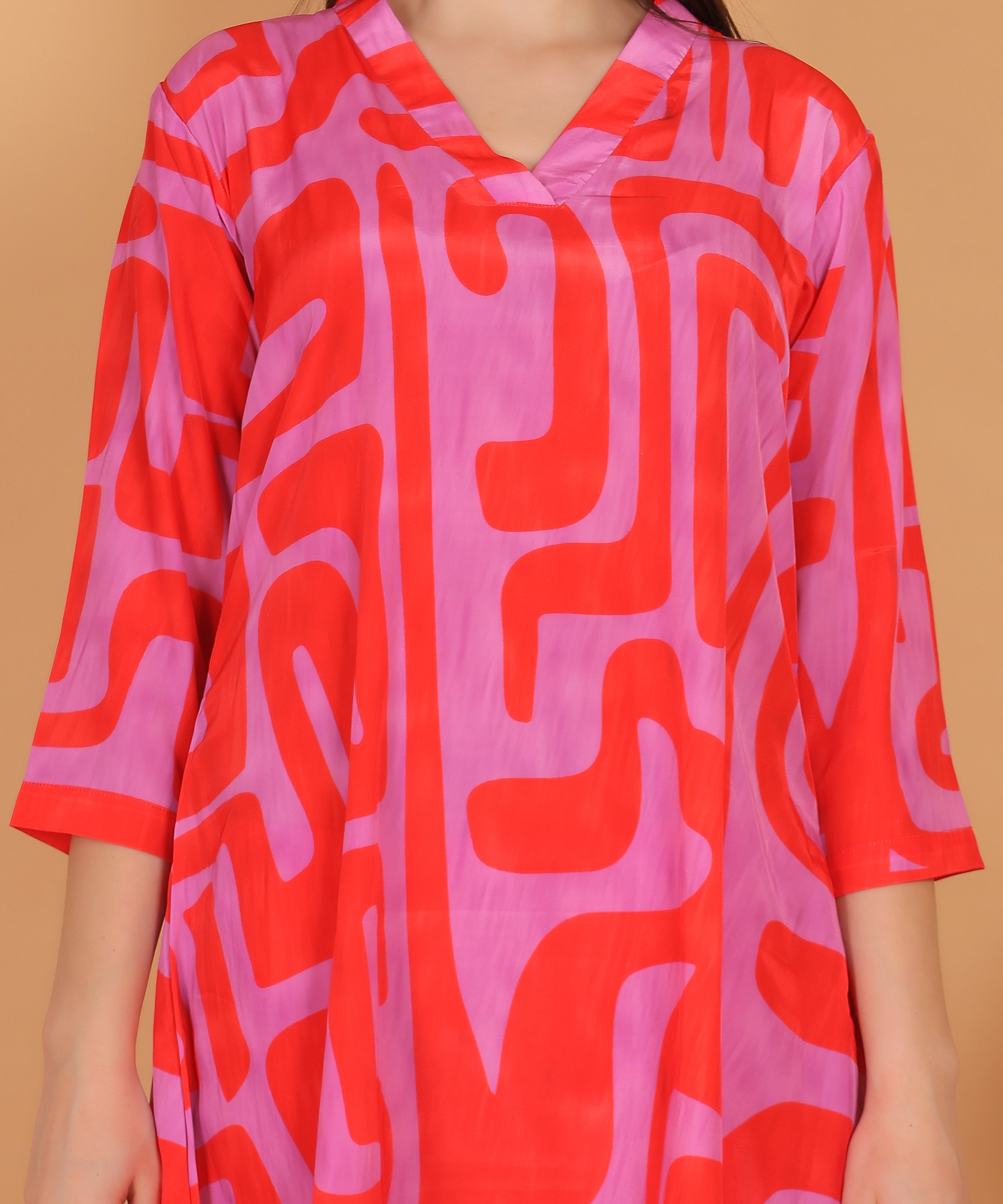 Red Abstract Print Asymmetric Kurta with Dhoti Pants (Test-4)