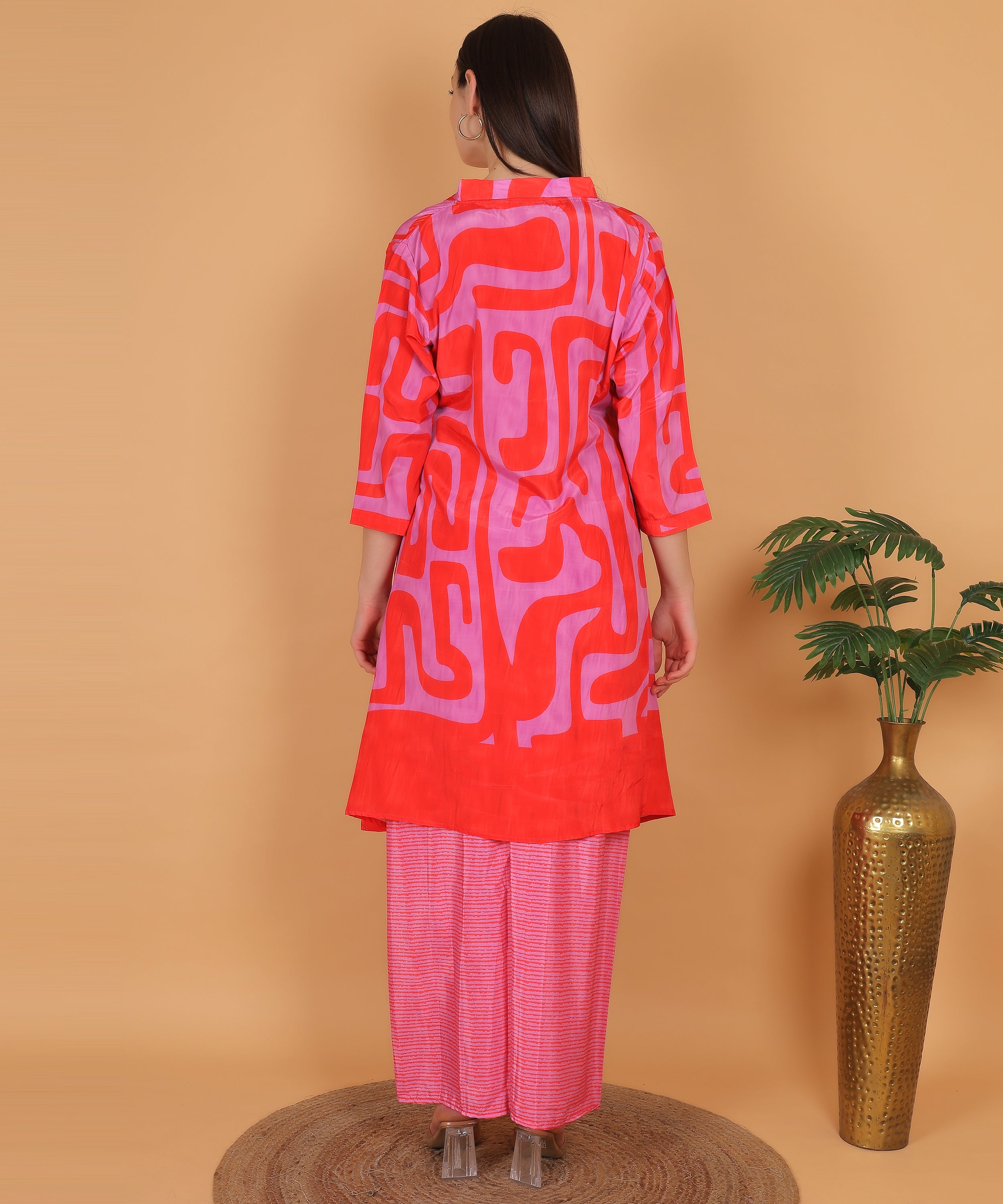 Red Abstract Print Asymmetric Kurta with Dhoti Pants (Test-4)