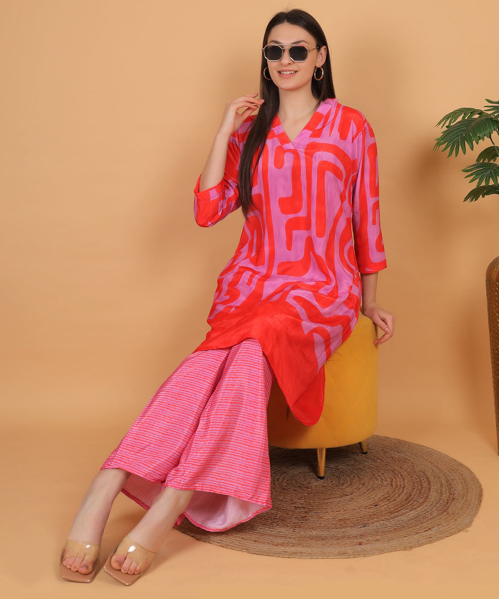Red Abstract Print Asymmetric Kurta with Dhoti Pants (Test-4)