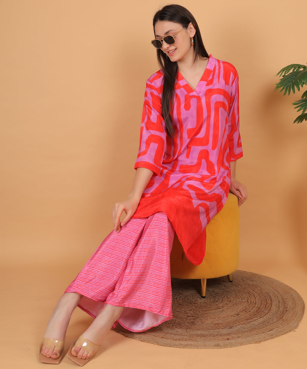 Red Abstract Print Asymmetric Kurta with Dhoti Pants (Test-4)