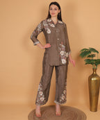 Mocha Floral Embroidered Shirt Co-ord Set (Test-5)