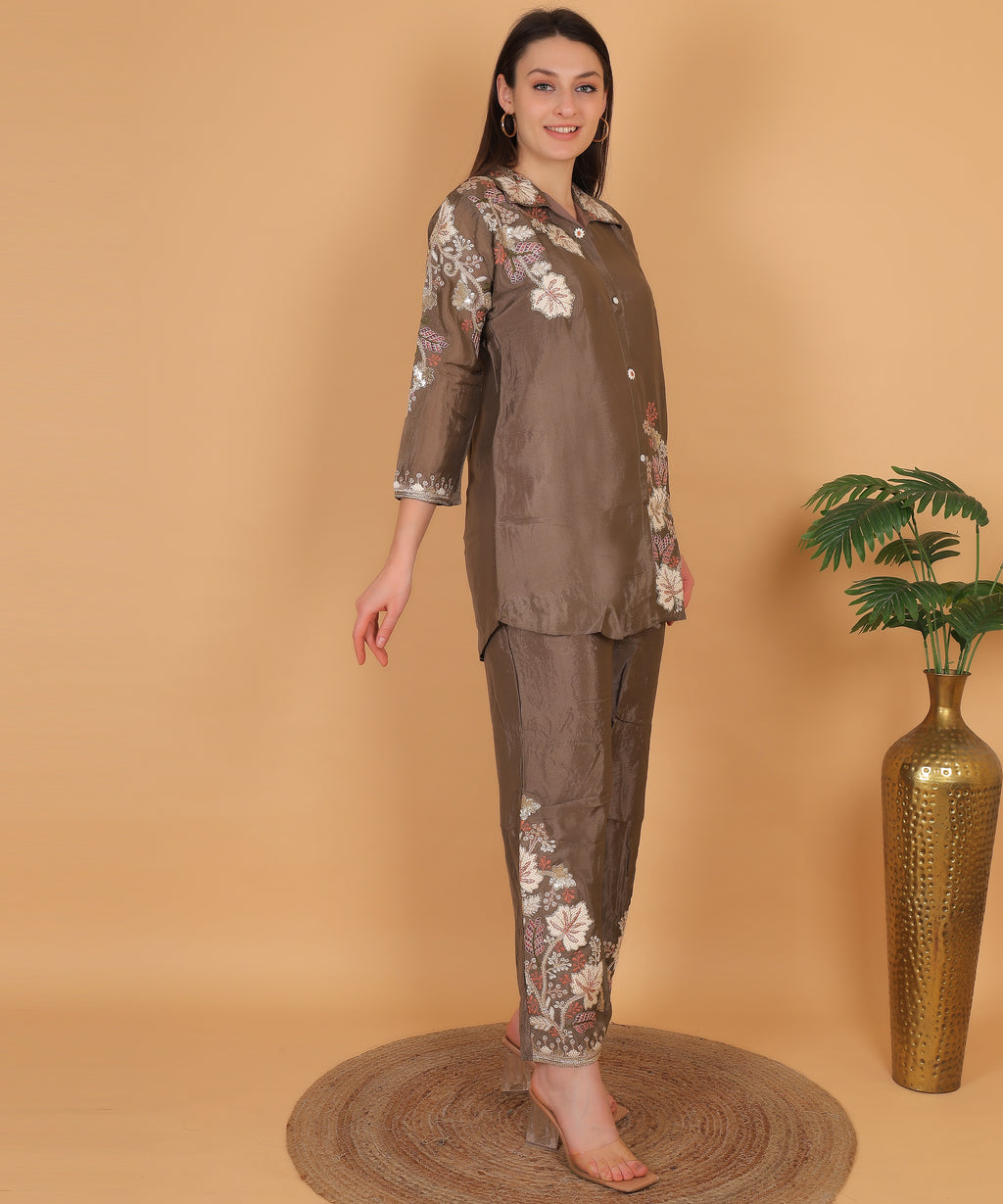 Mocha Floral Embroidered Shirt Co-ord Set (Test-5)