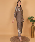 Mocha Floral Embroidered Shirt Co-ord Set (Test-5)