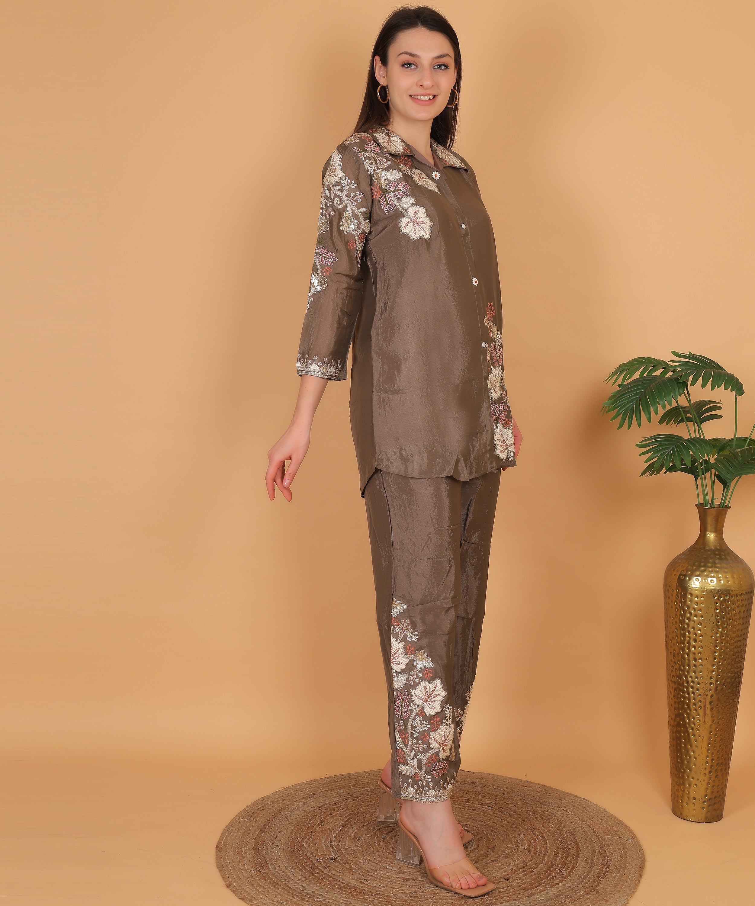 Mocha Floral Embroidered Shirt Co-ord Set (Test-5)