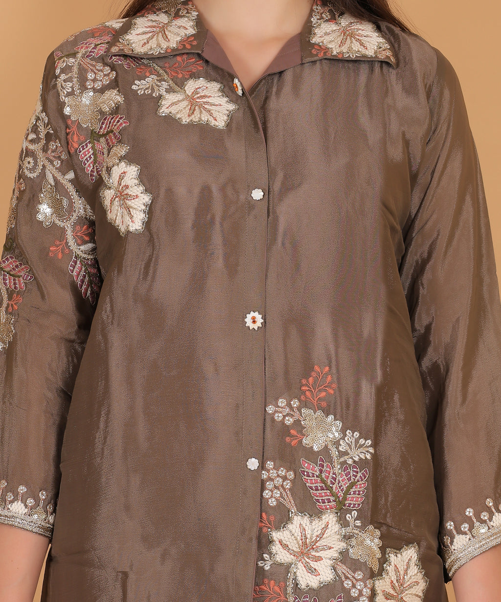 Mocha Floral Embroidered Shirt Co-ord Set (Test-5)