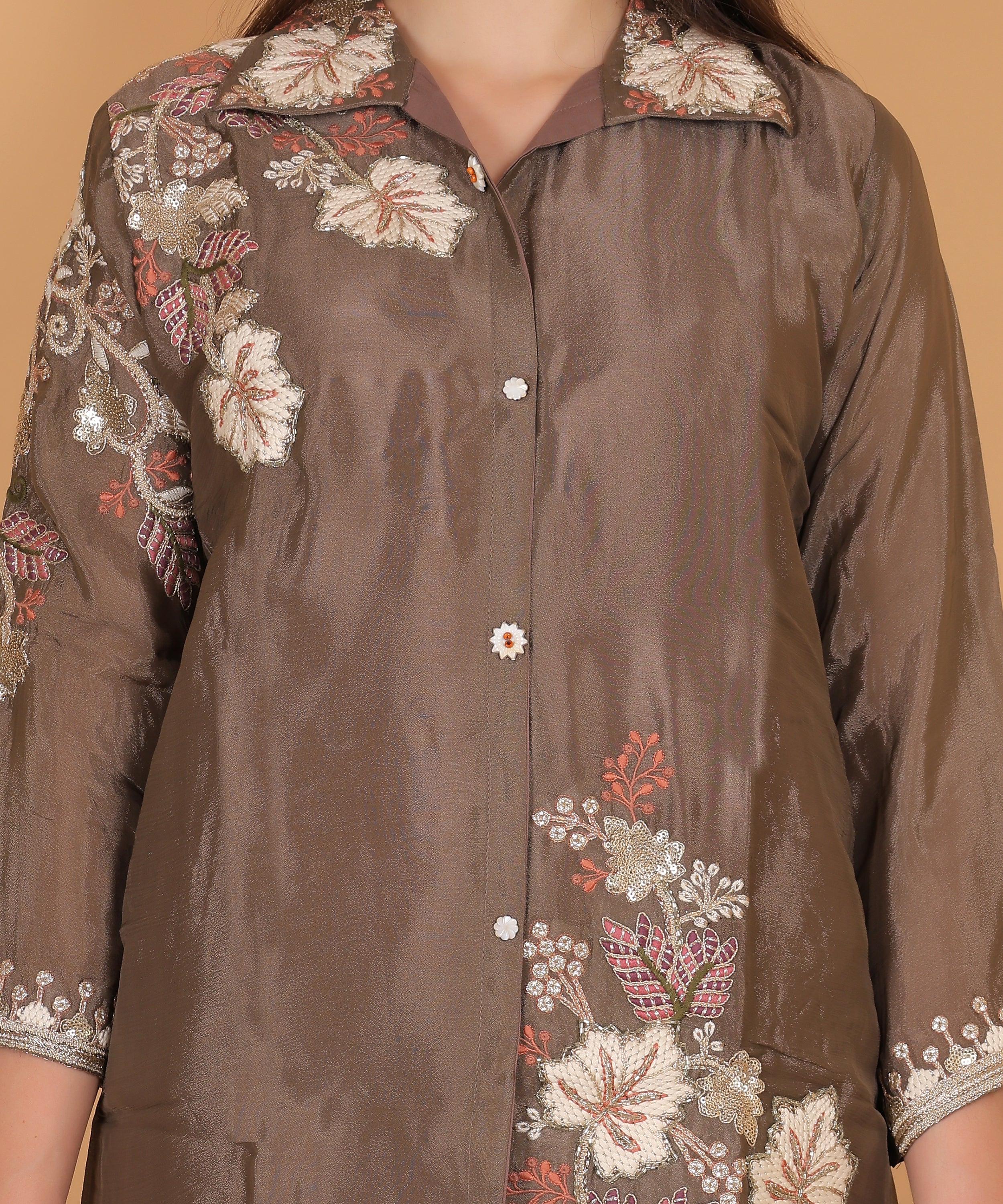 Mocha Floral Embroidered Shirt Co-ord Set (Test-5)