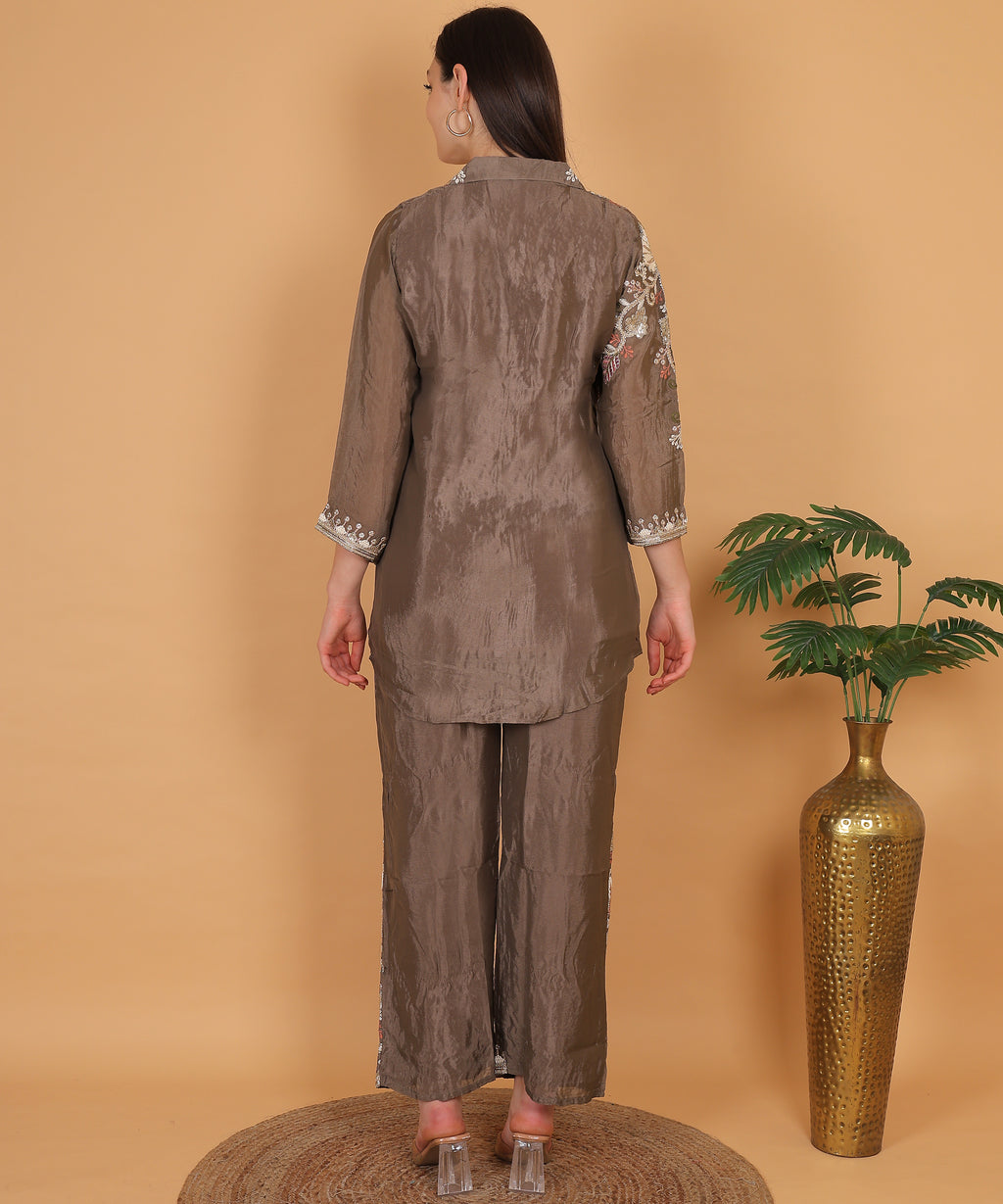 Mocha Floral Embroidered Shirt Co-ord Set (Test-5)
