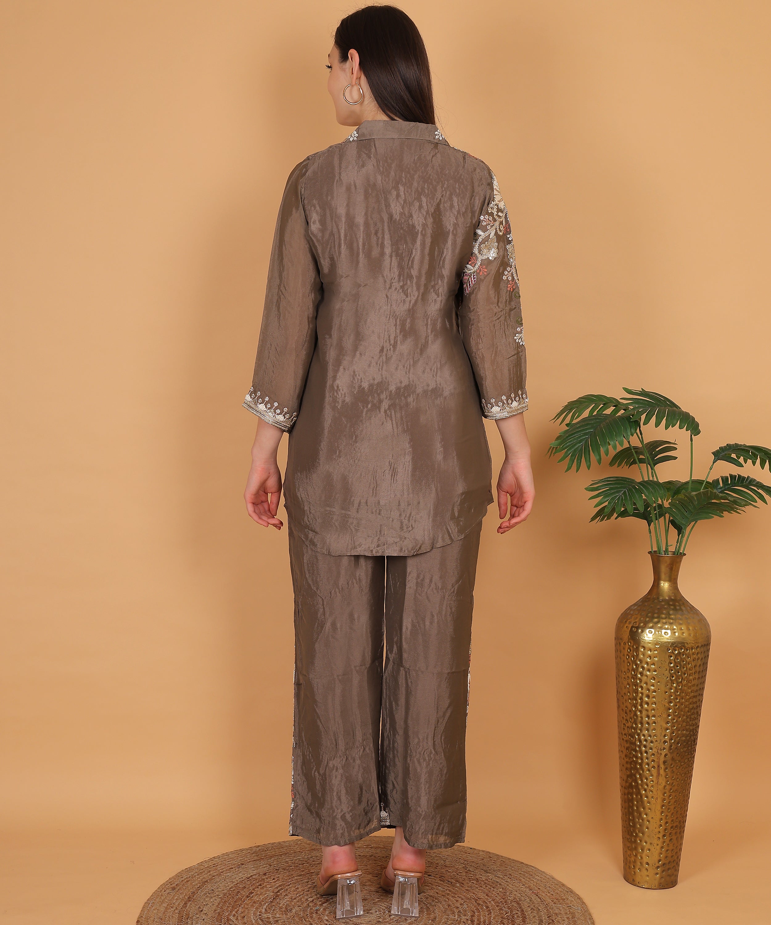 Mocha Floral Embroidered Shirt Co-ord Set (Test-5)
